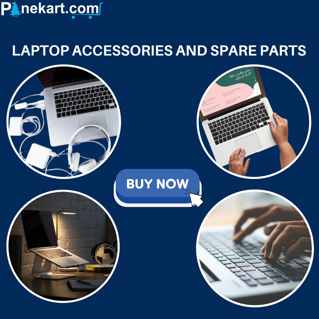 Essential laptop accessories and replacement parts arranged on a desk, featuring adapter, SSD, external keyboard, and cooling stand for device upgrade and maintenance.