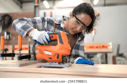 Close-up of various power tools such as a drill, circular saw, and angle grinder on a well-organized workbench, designed for home improvement and construction tasks.