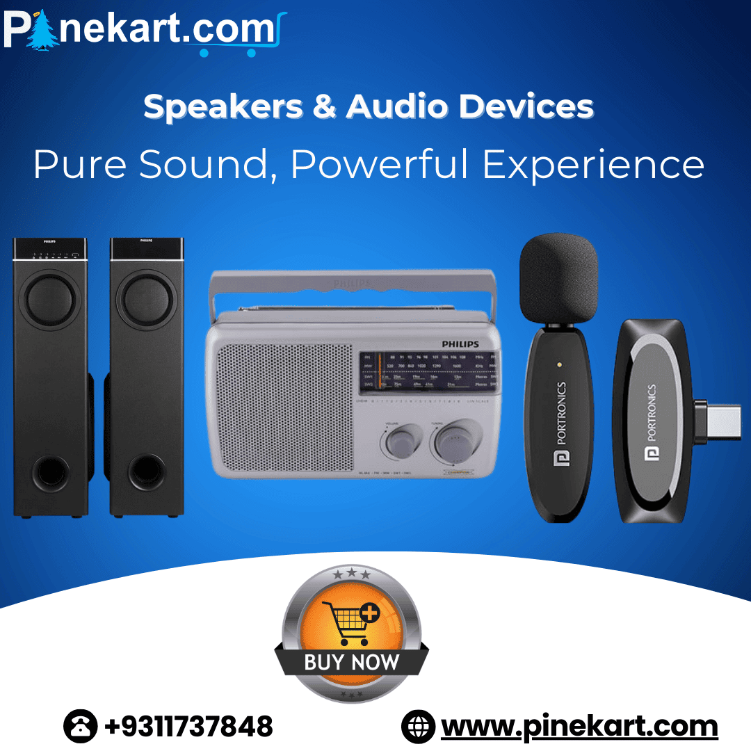 Four different speakers and audio devices on display under the title "Speakers & Audio Devices."
