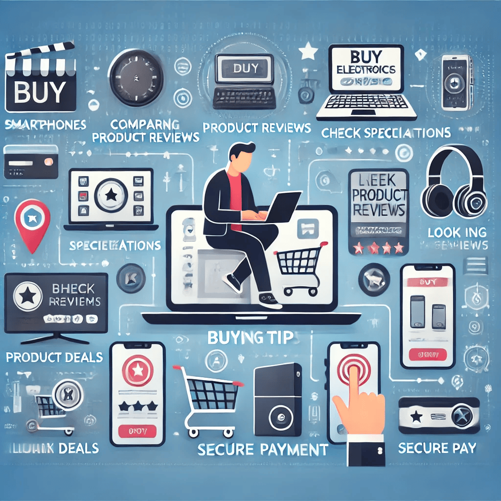 "Illustration of tips for buying electronics online, showing a shopper using a laptop or smartphone to compare reviews, check specifications, find deals, and ensure secure payment, with electronic items like smartphones, laptops, and headphones in a modern e-commerce setting."