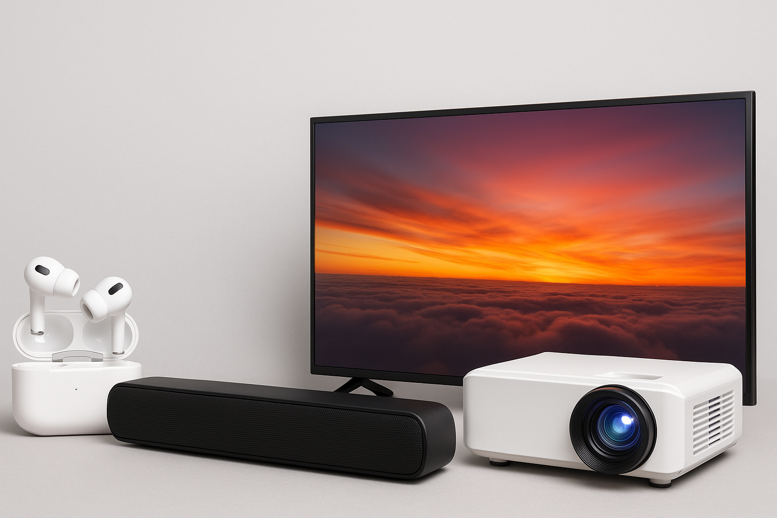 High-quality audio and video equipment setup including headphones, speakers, and a flat-screen display for immersive entertainment and clear communication.