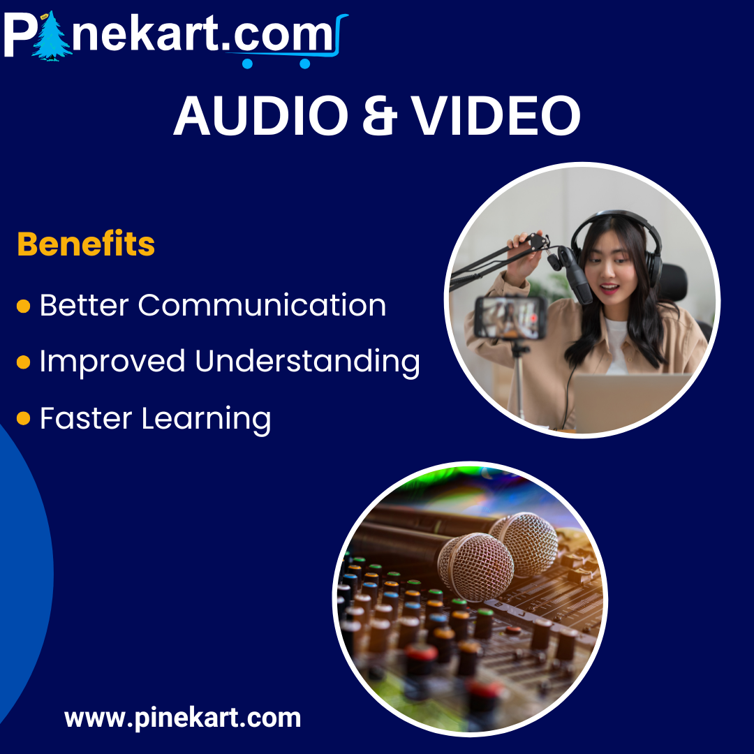 Modern audio and video devices including headphones, speakers, a smart TV, and webcam setup for entertainment and communication.
