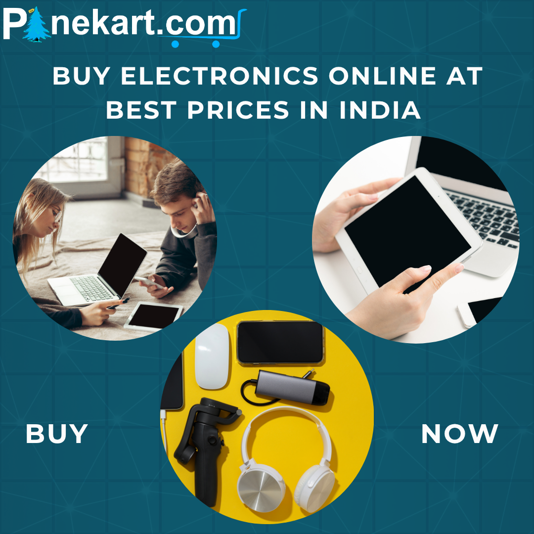 Promotional banner displaying electronics like laptop, CCTV camera, earbuds, charger, and power bank with text 'Buy Electronics Online at Best Prices in India'.