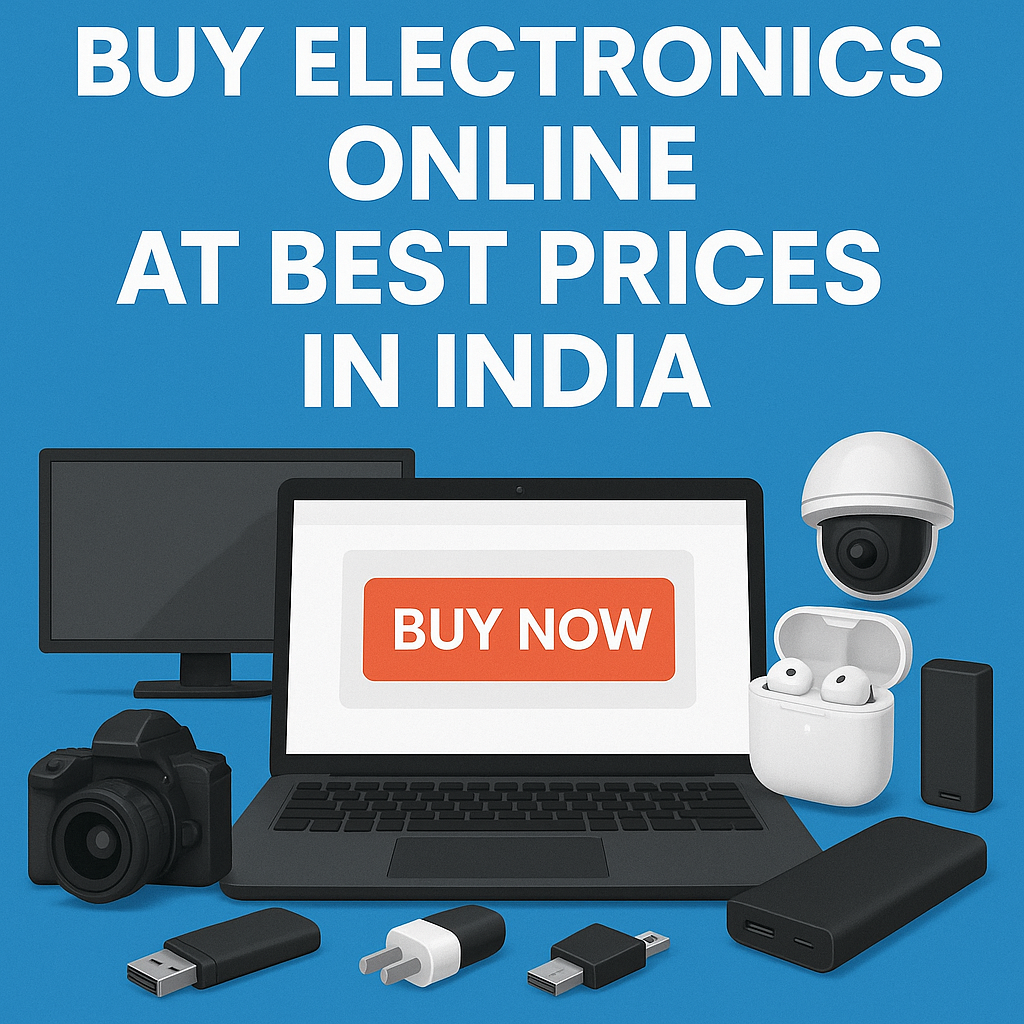 Digital illustration highlighting best deals on electronics in India with various gadgets arranged around a laptop and 'Buy Electronics Online' message.
