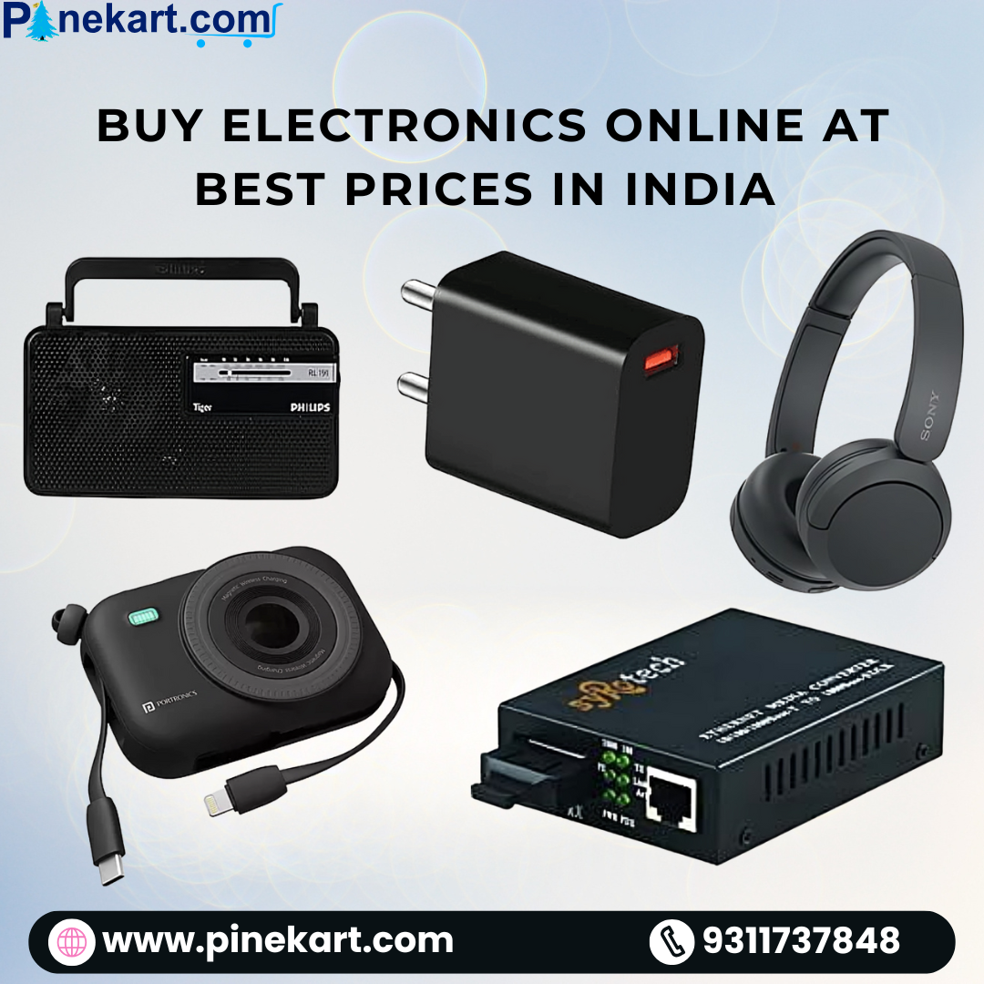 Online shopping ad featuring top electronics including camera, earbuds, pendrive, power bank, and laptop with a bold 'Buy Now' button