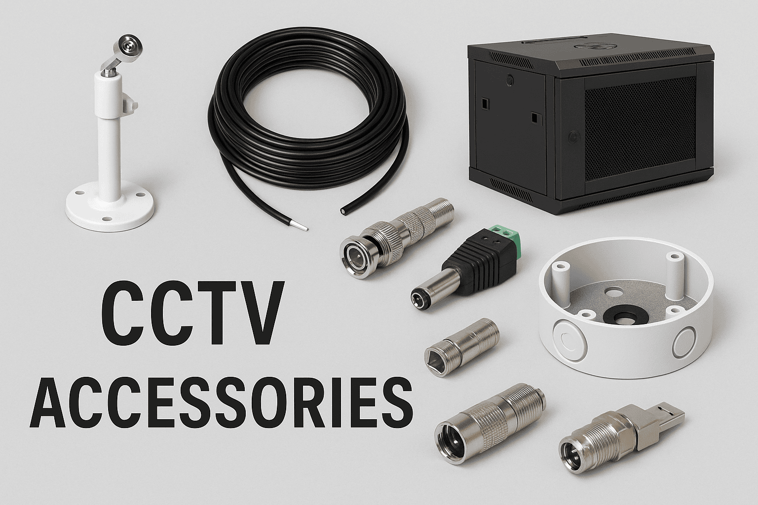 CCTV accessories including a stand, cable, connectors, junction box, and network rack
