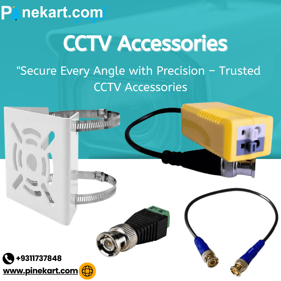 Various CCTV accessories including cables, connectors, and mounting brackets.