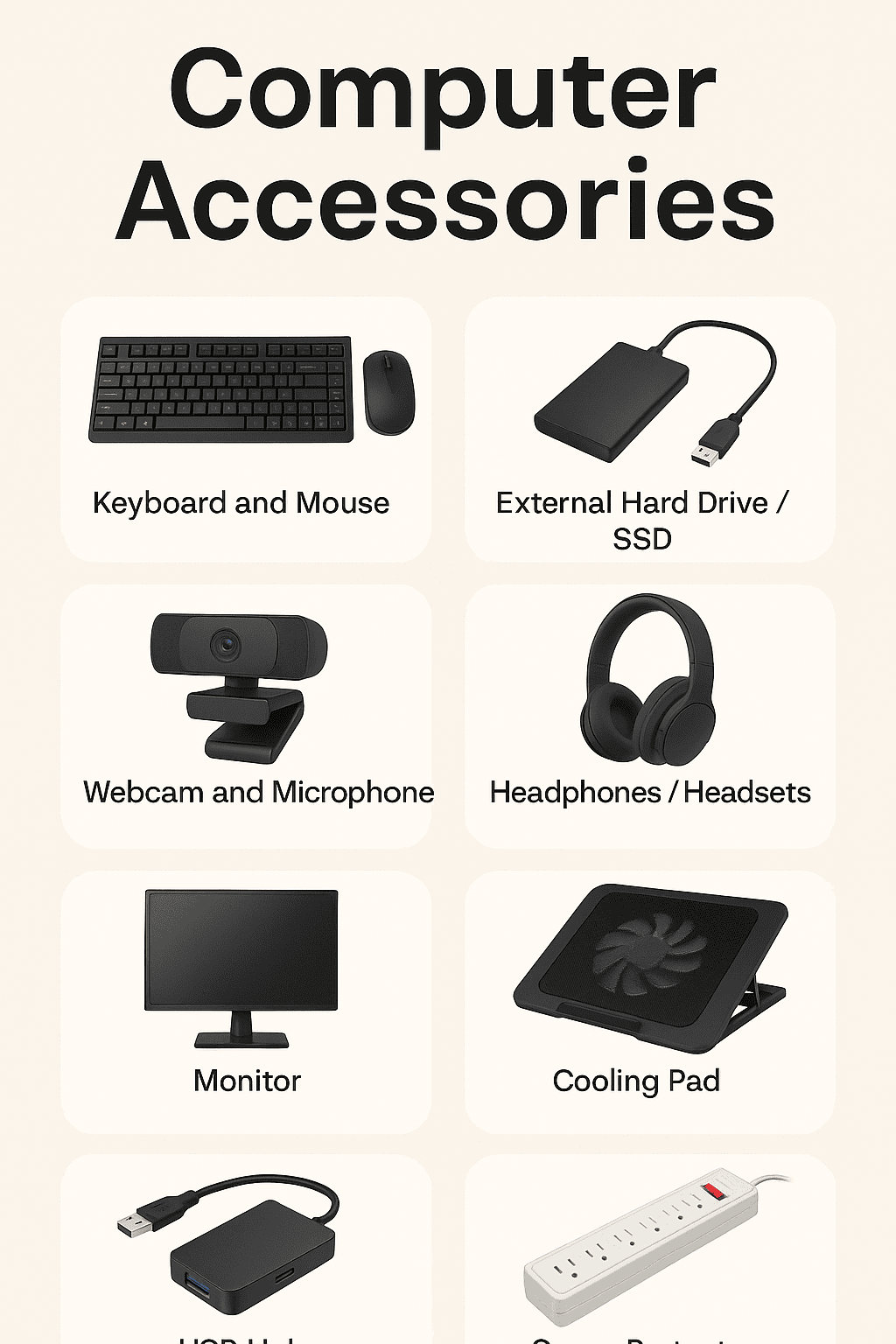 "Various computer accessories including a wireless mouse, mechanical keyboard, USB hub, external hard drive, and headphones arranged neatly on a desk."
