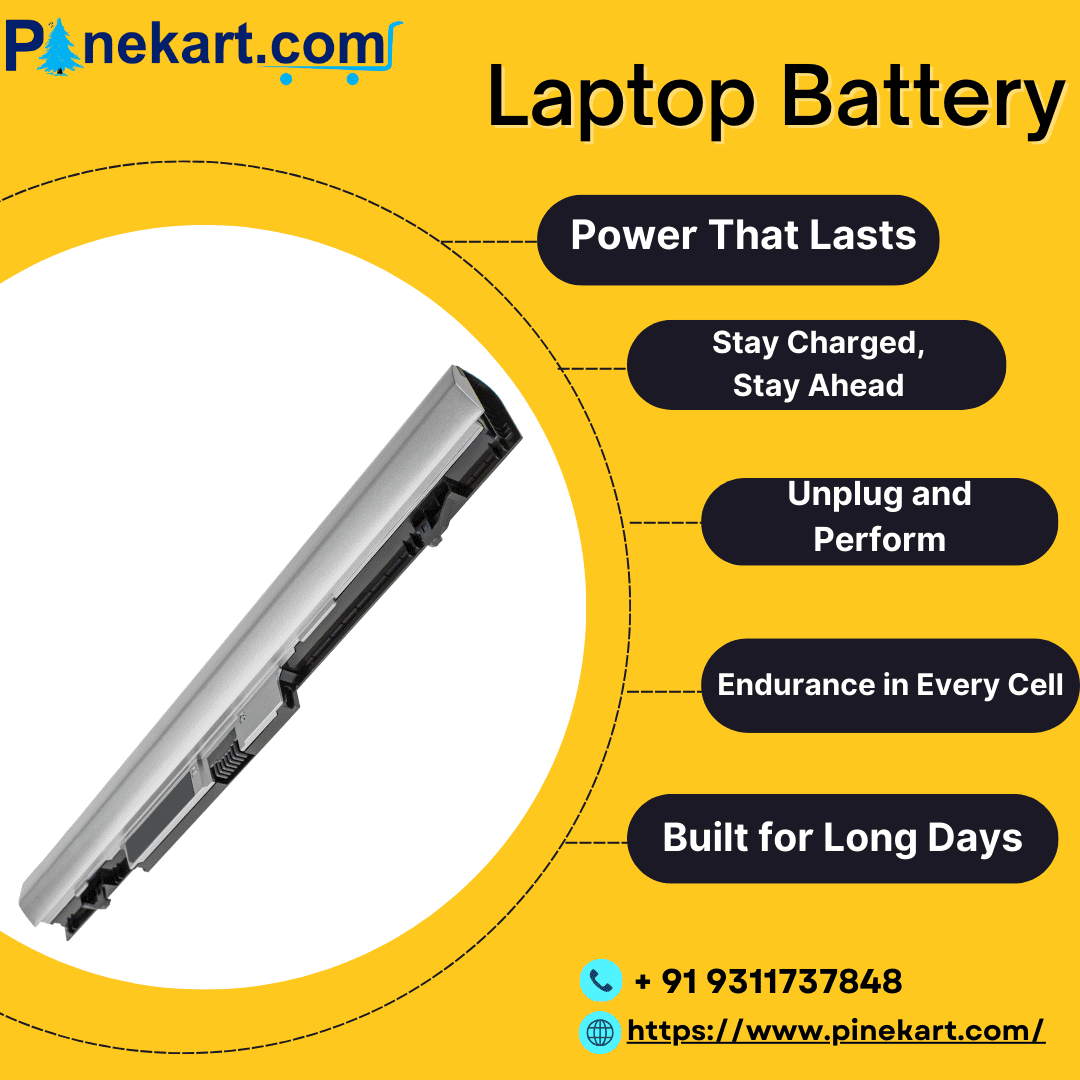 Laptop battery with visible power rating and connectors, placed beside a laptop.