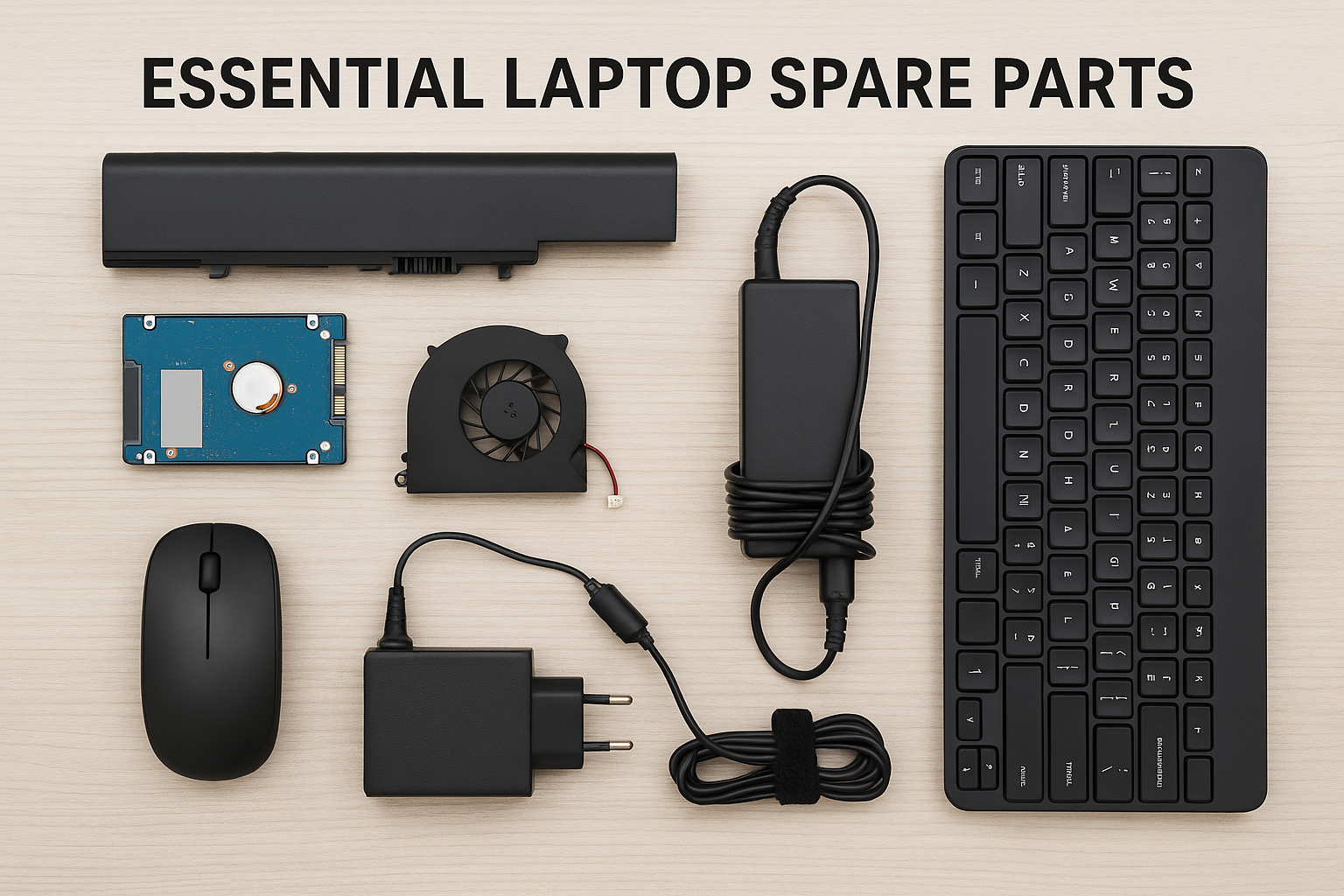 Various laptop spare parts including battery, SSD, RAM, keyboard, cooling fan, and adapter arranged neatly for repair or upgrade.