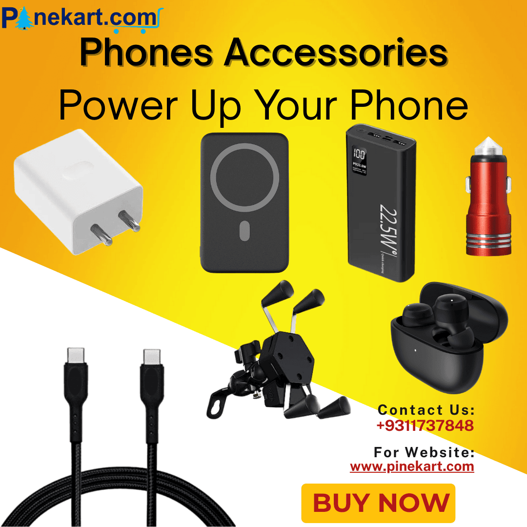 A collection of phone accessories including cases, chargers, earphones, power banks, and screen protectors arranged neatly on a table.