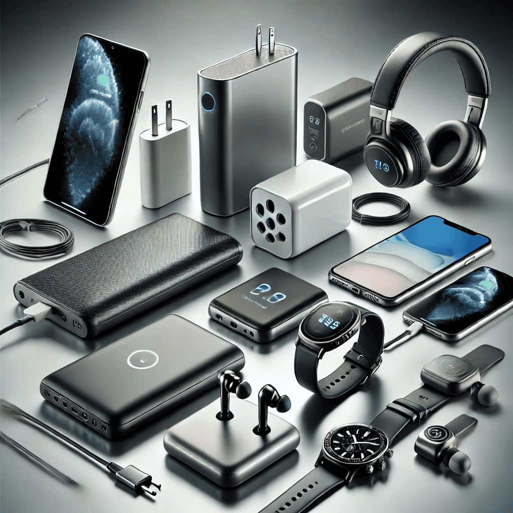 "Collection of modern phone accessories including a fast charger, slim power bank, elegant mobile stand, rugged protective cases, high-quality screen guards, wireless Bluetooth earbuds, premium over-ear headphones, and a sleek smartwatch, displayed on a clean, futuristic background."
