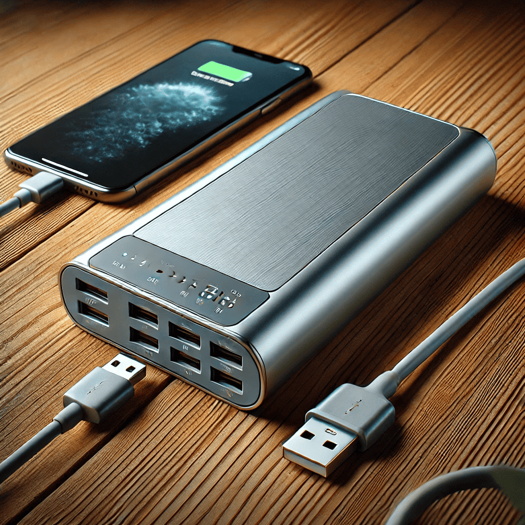 "Person using a power bank to charge their smartphone outdoors."