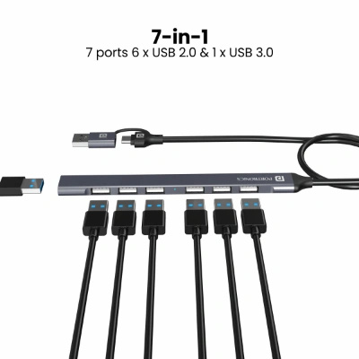 Portronics Mport 7 USB Hub (7-in-1) with dual USB & Type-C heads offers up to 5 Gbps transfer speed. It includes 1 USB 3.0 and 6 USB 2.0 ports, ideal for laptops, MacBooks, and PCs (Grey). Portronics Mport 7 USB Hub (7-in-1) with dual USB & Type-C heads offers up to 5 Gbps transfer speed. It includes 1 USB 3.0 and 6 USB 2.0 ports, ideal for laptops, MacBooks, and PCs (Grey).