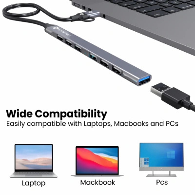 Portronics Mport 7 USB Hub (7-in-1) with dual USB & Type-C heads offers up to 5 Gbps transfer speed. It includes 1 USB 3.0 and 6 USB 2.0 ports, ideal for laptops, MacBooks, and PCs (Grey). Portronics Mport 7 USB Hub (7-in-1) with dual USB & Type-C heads offers up to 5 Gbps transfer speed. It includes 1 USB 3.0 and 6 USB 2.0 ports, ideal for laptops, MacBooks, and PCs (Grey).