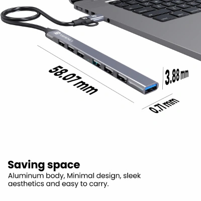 Portronics Mport 7 USB Hub (7-in-1) with dual USB & Type-C heads offers up to 5 Gbps transfer speed. It includes 1 USB 3.0 and 6 USB 2.0 ports, ideal for laptops, MacBooks, and PCs (Grey). Portronics Mport 7 USB Hub (7-in-1) with dual USB & Type-C heads offers up to 5 Gbps transfer speed. It includes 1 USB 3.0 and 6 USB 2.0 ports, ideal for laptops, MacBooks, and PCs (Grey).