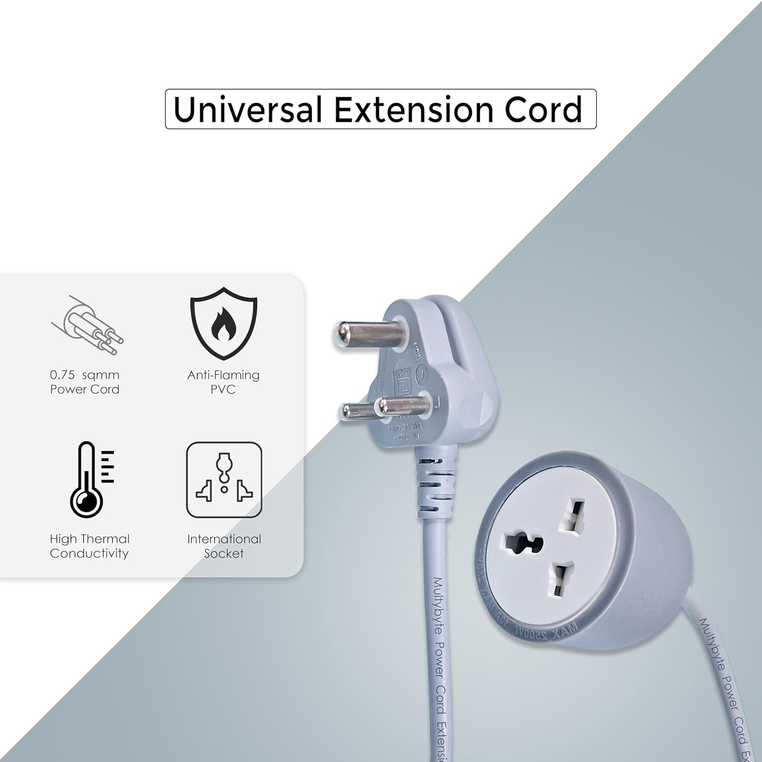 Power Cord Extension Cable (Male to Female) with Heavy Duty Long Wire Cord, Single Outlet Socket, 3 pins Extension Cord for Indoor Outdoor Use