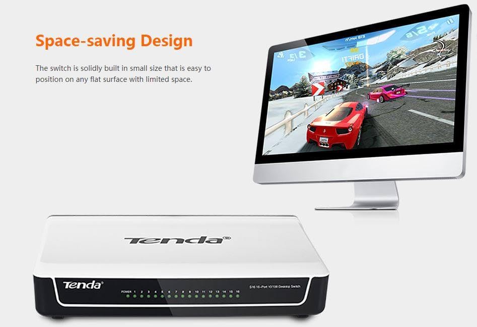 Tenda (S16)16-Port Fast Ethernet Desktop Switch with LED Indicators, 10/100Mbps Network Connectivity (White) Tenda (S16)16-Port Fast Ethernet Desktop Switch with LED Indicators, 10/100Mbps Network Connectivity (White)