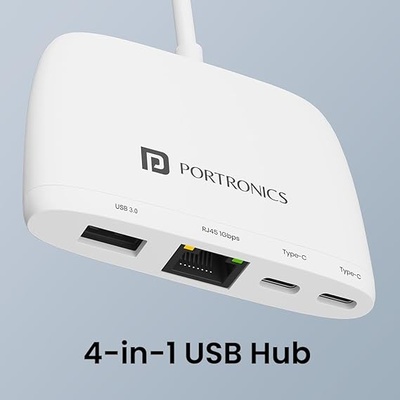 Portronics Mport 41 USB C Hub (4-in-1) with Ethernet (1000 Mbps Gigabit Internet), 2-Ports Type-C Data, USB 3.0 Port, Multiport 10/100/1000 Mbps RJ45 LAN Adapter for Laptop, PC, Mac & Desktop (White) Portronics Mport 41 USB C Hub (4-in-1) with Ethernet (1000 Mbps Gigabit Internet), 2-Ports Type-C Data, USB 3.0 Port, Multiport 10/100/1000 Mbps RJ45 LAN Adapter for Laptop, PC, Mac & Desktop (White)