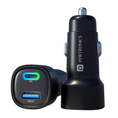 Portronics Dual Output Fast Car Charger with 30W Type-C PD & 30W USB, LED Indicator, Charging Adapter Compatible with Cars for iPhone & Android Smartphone, Smartwatch, Earbud, Power Bank (Black) Portronics Dual Output Fast Car Charger with 30W Type-C PD & 30W USB, LED Indicator, Charging Adapter Compatible with Cars for iPhone & Android Smartphone, Smartwatch, Earbud, Power Bank (Black)