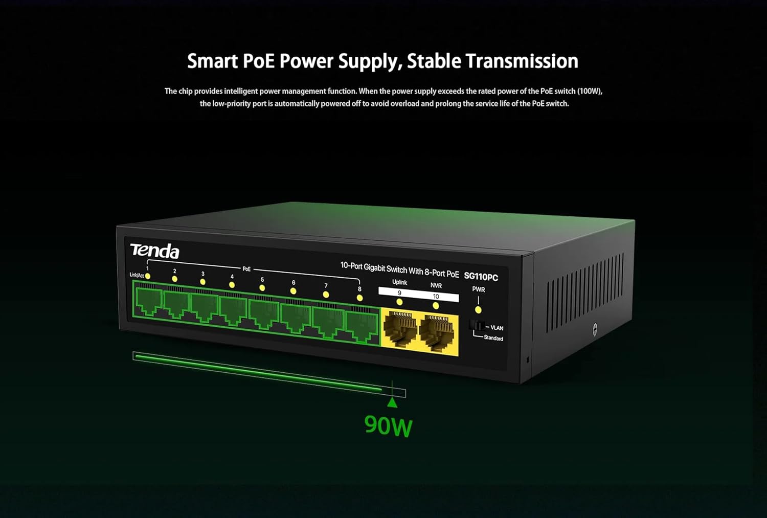 Tenda SG110PC 10-Port Gigabit Lite PoE Switch with 8-Port PoE (Black) Tenda SG110PC 10-Port Gigabit Lite PoE Switch with 8-Port PoE (Black)