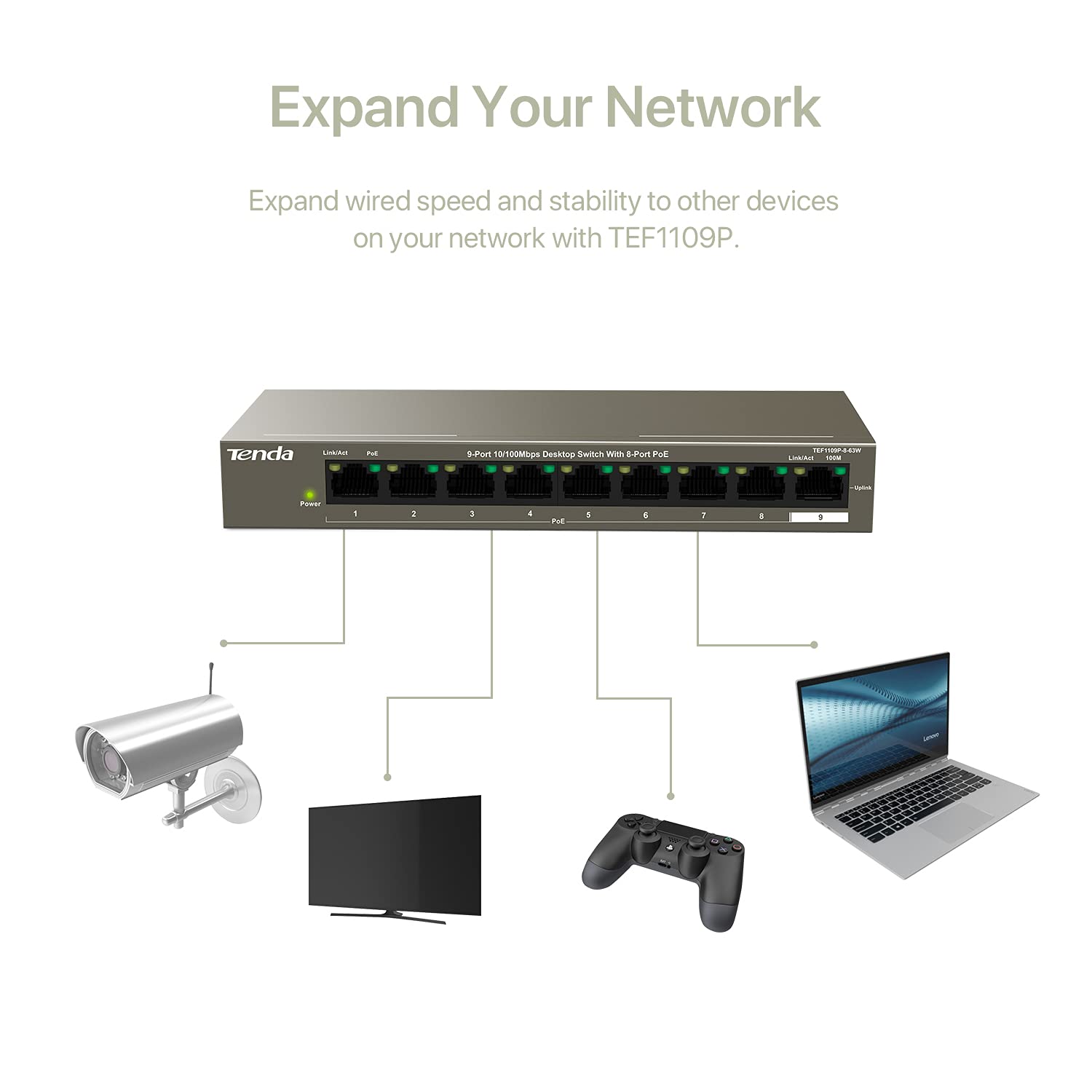 Tenda TEF1109P-8-63W 9-Port Desktop Switch With 8-Port PoE Tenda TEF1109P-8-63W 9-Port Desktop Switch With 8-Port PoE
