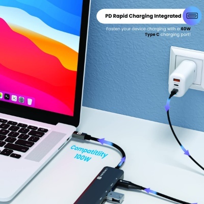 Portronics Mport 52 USB C Hub (7-in-1), Multiport Adapter with 4K HDMI, 60 W PD Charging, USB 3.0/2.0 & USB Type-C Data Ports at up to 10 Gbps, microSD & SD Card Reader for Laptops(Grey) Portronics Mport 52 USB C Hub (7-in-1), Multiport Adapter with 4K HDMI, 60 W PD Charging, USB 3.0/2.0 & USB Type-C Data Ports at up to 10 Gbps, microSD & SD Card Reader for Laptops(Grey)