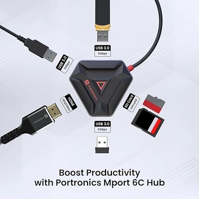 Portronics Mport 6C USB C Hub (6-in-1) Multiport Adapter with HDMI, 3-Port USB 3.0, microSD & SD Card Reader for Laptop, PC, Mac (Black) Portronics Mport 6C USB C Hub (6-in-1) Multiport Adapter with HDMI, 3-Port USB 3.0, microSD & SD Card Reader for Laptop, PC, Mac (Black)