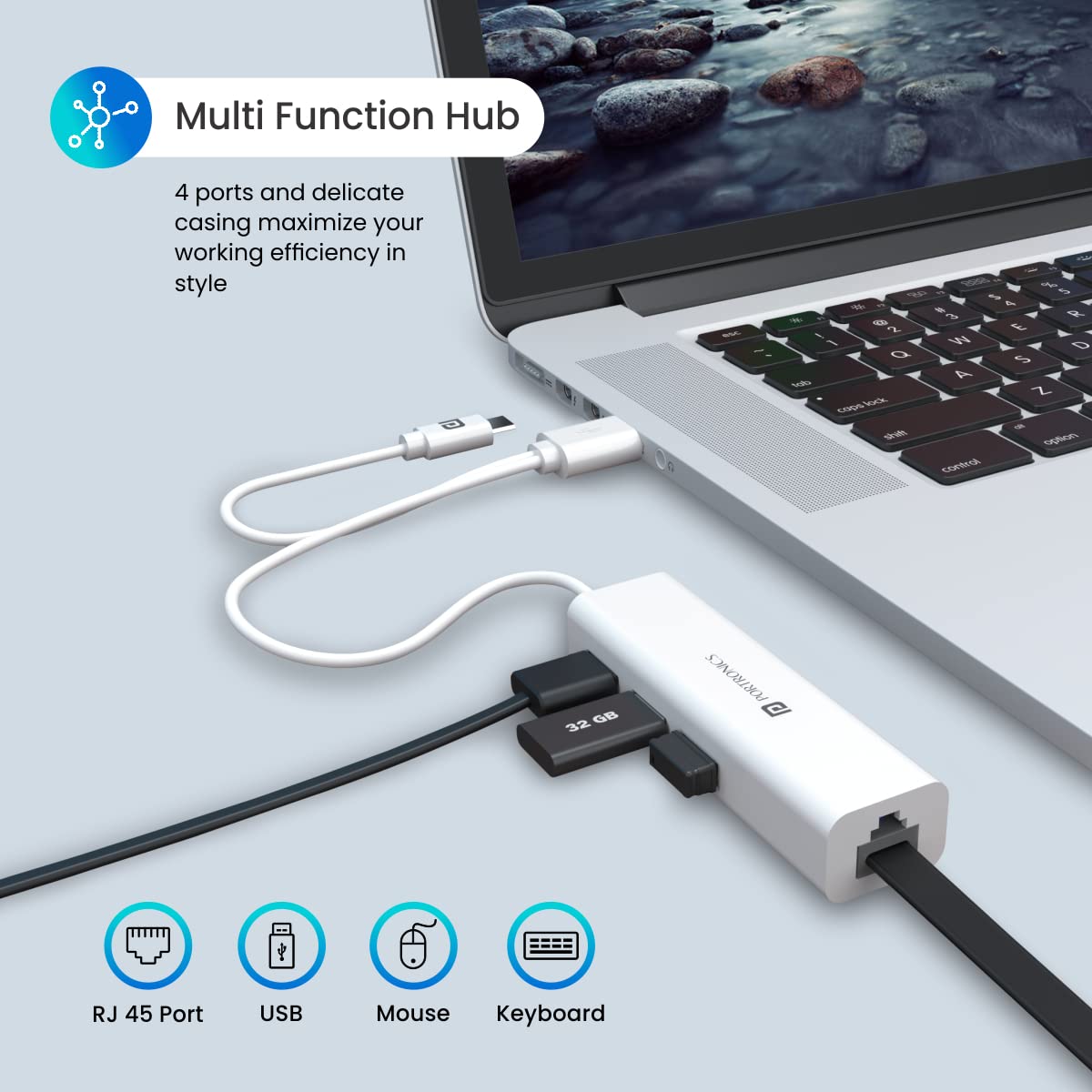 Portronics Mport 60 4-in-1 Multiport Type C/USB Hub with LAN Adapter RJ45 Port, 3 USB2.0 Port, Type C OTG Support, Plug & Play, Wide Compatibility (White) Portronics Mport 60 4-in-1 Multiport Type C/USB Hub with LAN Adapter RJ45 Port, 3 USB2.0 Port, Type C OTG Support, Plug & Play, Wide Compatibility (White)