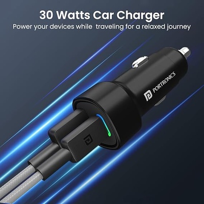 Portronics Dual Output Fast Car Charger with 30W Type-C PD & 30W USB, LED Indicator, Charging Adapter Compatible with Cars for iPhone & Android Smartphone, Smartwatch, Earbud, Power Bank (Black) Portronics Dual Output Fast Car Charger with 30W Type-C PD & 30W USB, LED Indicator, Charging Adapter Compatible with Cars for iPhone & Android Smartphone, Smartwatch, Earbud, Power Bank (Black)