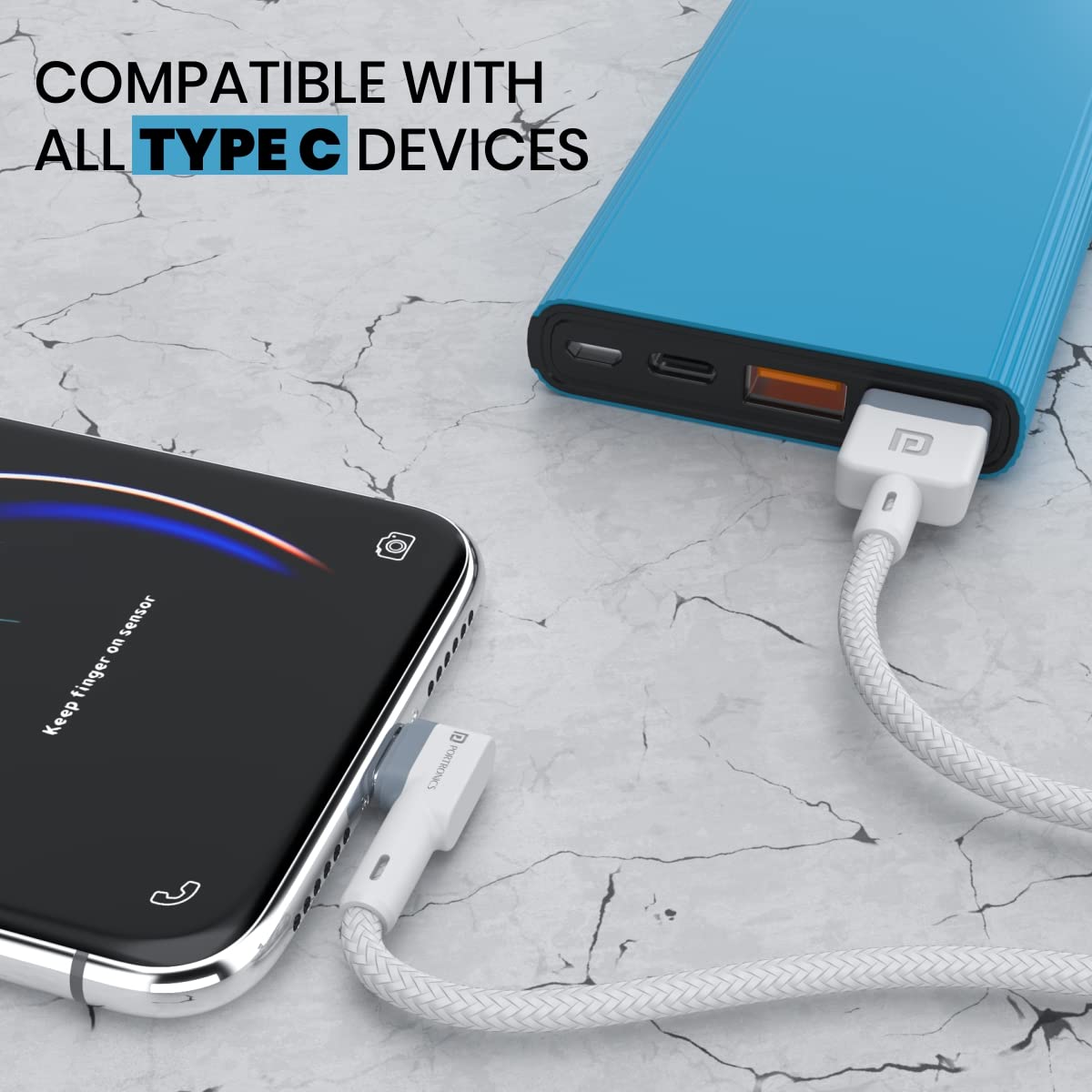Portronics Konnect L Fast Charging 3A Type-C Cable 1.2Meter with Charge & Sync Function for All Type-C Devices Portronics Konnect L Fast Charging 3A Type-C Cable 1.2Meter with Charge & Sync Function for All Type-C Devices