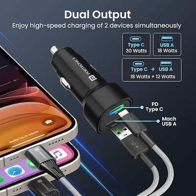 Portronics Dual Output Fast Car Charger with 30W Type-C PD & 30W USB, LED Indicator, Charging Adapter Compatible with Cars for iPhone & Android Smartphone, Smartwatch, Earbud, Power Bank (Black) Portronics Dual Output Fast Car Charger with 30W Type-C PD & 30W USB, LED Indicator, Charging Adapter Compatible with Cars for iPhone & Android Smartphone, Smartwatch, Earbud, Power Bank (Black)