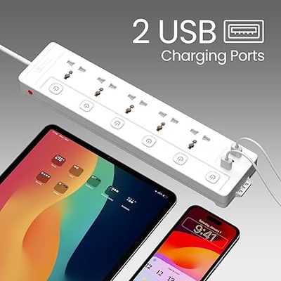 Portronics Power Plate 20 Extension Board with 5 Universal Power Sockets, 3 Meter Long Cord, 2500W Power Extender, 6 Individual Power Switches Portronics Power Plate 20 Extension Board with 5 Universal Power Sockets, 3 Meter Long Cord, 2500W Power Extender, 6 Individual Power Switches