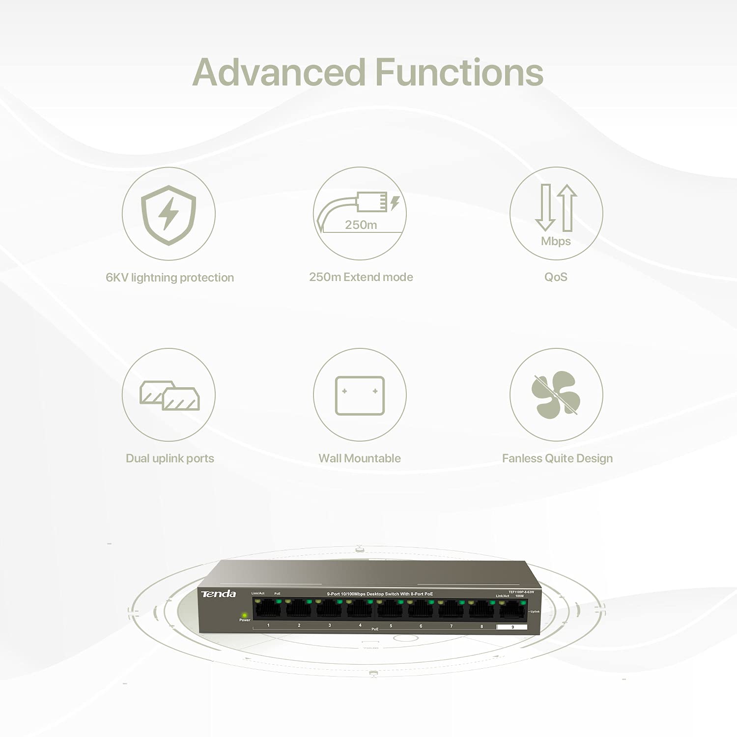 Tenda TEF1109P-8-63W 9-Port Desktop Switch With 8-Port PoE Tenda TEF1109P-8-63W 9-Port Desktop Switch With 8-Port PoE