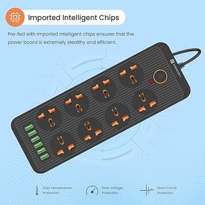 Portronics Power Plate 7 with 6 USB Port + 8 Power Sockets Smart Electric Universal Extension Board Multi Plug with 2500W, 3Mtr Cord Length, 2.4A USB Output(Black) Portronics Power Plate 7 with 6 USB Port + 8 Power Sockets Smart Electric Universal Extension Board Multi Plug with 2500W, 3Mtr Cord Length, 2.4A USB Output(Black)