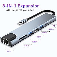 Prime Dock 8 in 1 Type-C to Multiport Adapter with 4K HDMI, RJ45 LAN, USB 3.0, Type-C cum PD, TF & Micro SD Card Reader Multiport Adapter Docking Station Prime Dock 8 in 1 Type-C to Multiport Adapter with 4K HDMI, RJ45 LAN, USB 3.0, Type-C cum PD, TF & Micro SD Card Reader Multiport Adapter Docking Station