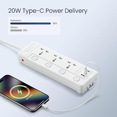 Portronics Power Plate 18 Extension Board with 3 Universal Power Sockets, 1500 Watts, 3 Meter Long Heavy-Duty Cord, USB-A & USB-C Ports for Charging(White) Portronics Power Plate 18 Extension Board with 3 Universal Power Sockets, 1500 Watts, 3 Meter Long Heavy-Duty Cord, USB-A & USB-C Ports for Charging(White)