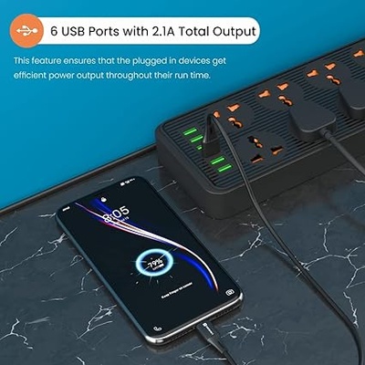 Portronics Power Plate 7 with 6 USB Port + 8 Power Sockets Smart Electric Universal Extension Board Multi Plug with 2500W, 3Mtr Cord Length, 2.4A USB Output(Black) Portronics Power Plate 7 with 6 USB Port + 8 Power Sockets Smart Electric Universal Extension Board Multi Plug with 2500W, 3Mtr Cord Length, 2.4A USB Output(Black)