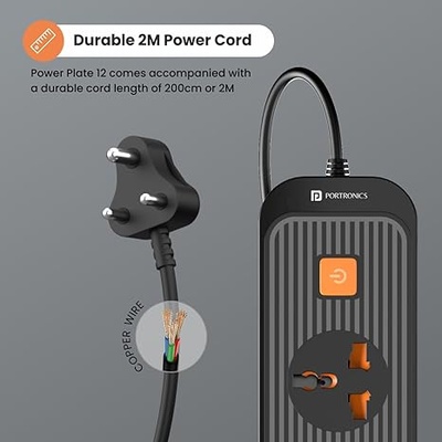 Portronics Power Plate 12 Extension Board with 4 Universal Sockets, 2 Meter Long Cord, 1500 Watt, Fireproof Material, Multi Plug for Home Appliances (Black) Portronics Power Plate 12 Extension Board with 4 Universal Sockets, 2 Meter Long Cord, 1500 Watt, Fireproof Material, Multi Plug for Home Appliances (Black)