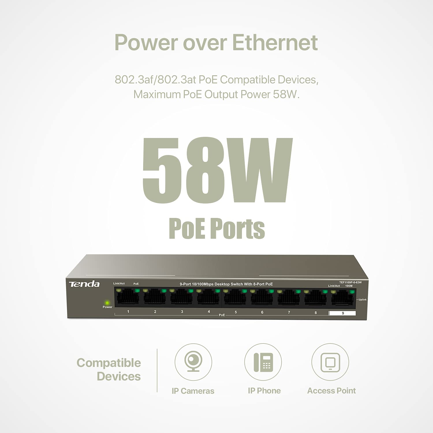 Tenda TEF1109P-8-63W 9-Port Desktop Switch With 8-Port PoE Tenda TEF1109P-8-63W 9-Port Desktop Switch With 8-Port PoE