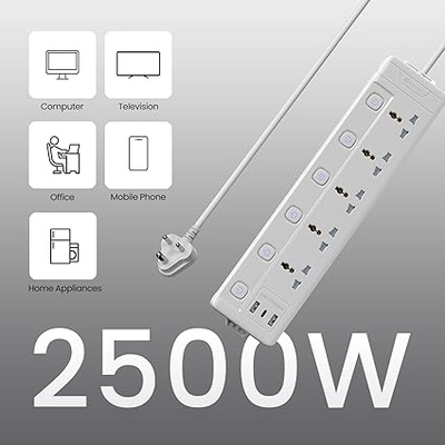 Portronics Power Plate 20 Extension Board with 5 Universal Power Sockets, 3 Meter Long Cord, 2500W Power Extender, 6 Individual Power Switches Portronics Power Plate 20 Extension Board with 5 Universal Power Sockets, 3 Meter Long Cord, 2500W Power Extender, 6 Individual Power Switches