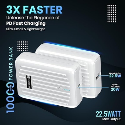 Portronics Zapcell 10k 10000mAh 22.5W Pocket Size Nano Powerbank with Compact & Light Weight Design,Type C PD Output/Input, USB-A Output,Power Delivery,Quick Charge for iPhone, Android,Other Devices Portronics Zapcell 10k 10000mAh 22.5W Pocket Size Nano Powerbank with Compact & Light Weight Design,Type C PD Output/Input, USB-A Output,Power Delivery,Quick Charge for iPhone, Android,Other Devices