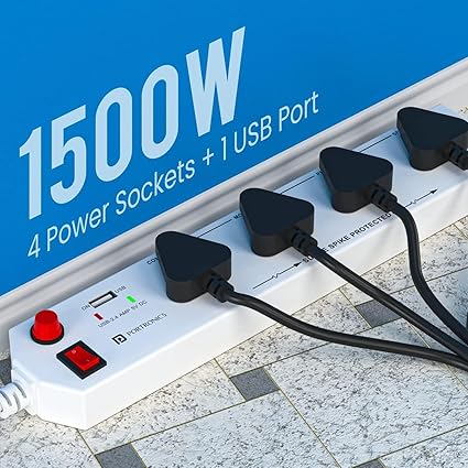 Portronics Power Plate 4 Extension Board – 4 Universal Sockets, USB Charging Port, 1.5m Cord, 1500W, Child Safety Shutter, 3-Pin Multi Plug for Home Appliances and Electronics Portronics Power Plate 4 Extension Board – 4 Universal Sockets, USB Charging Port, 1.5m Cord, 1500W, Child Safety Shutter, 3-Pin Multi Plug for Home Appliances and Electronics