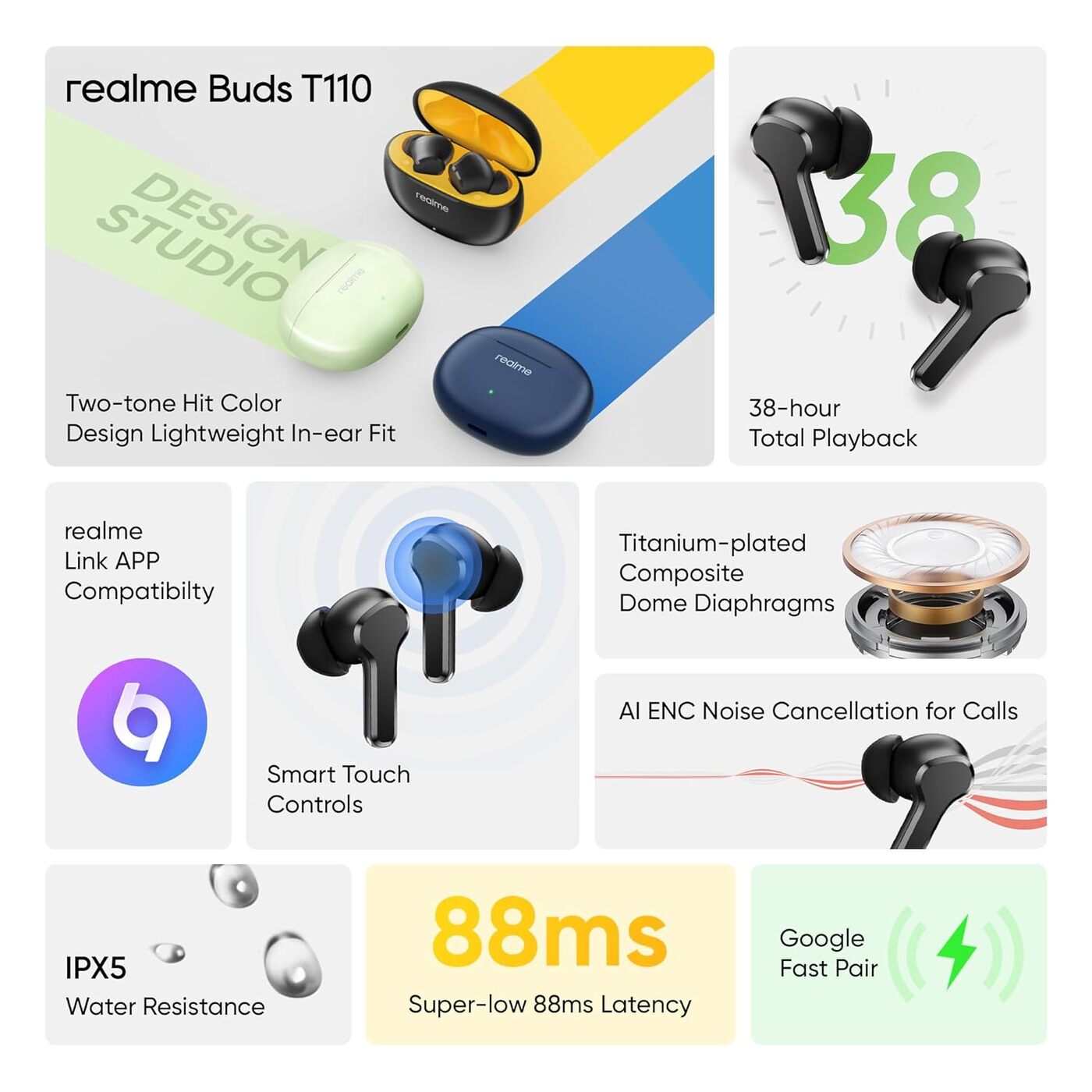 realme TechLife Buds T100 Bluetooth Truly Wireless in Ear Earbuds with mic, AI ENC for Calls, Google Fast Pair, 28 Hours Playback time (Black) realme TechLife Buds T100 Bluetooth Truly Wireless in Ear Earbuds with mic, AI ENC for Calls, Google Fast Pair, 28 Hours Playback time (Black)