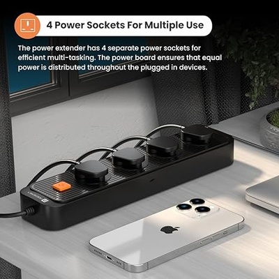 Portronics Power Plate 12 Extension Board with 4 Universal Sockets, 2 Meter Long Cord, 1500 Watt, Fireproof Material, Multi Plug for Home Appliances (Black) Portronics Power Plate 12 Extension Board with 4 Universal Sockets, 2 Meter Long Cord, 1500 Watt, Fireproof Material, Multi Plug for Home Appliances (Black)