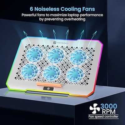 Portronics My Buddy Air Pro Laptop Cooling Pad with 6 Cooling Fans, 5-Level Angle & Height Adjustable, 10 RGB Light Modes, Mobile Stand, USB Powered, for Upto 17 Inch Laptops (Grey) Portronics My Buddy Air Pro Laptop Cooling Pad with 6 Cooling Fans, 5-Level Angle & Height Adjustable, 10 RGB Light Modes, Mobile Stand, USB Powered, for Upto 17 Inch Laptops (Grey)
