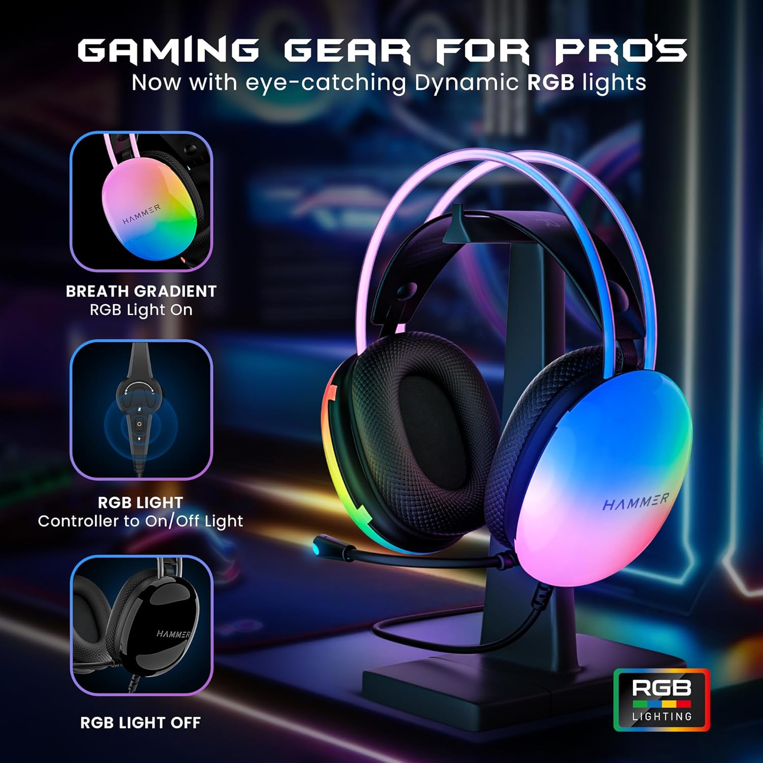 HAMMER Blaze Wired Gaming Headphones with RGB Lights Mic