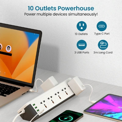 Portronics Power Plate 14 Extension Board with 10 Universal Sockets, 25W Type-C PD, 3 USB Charging Ports, 3 Meter Long Cord, 2500 Watts, 2.1 Amp USB Output, Multi Plug for Home Appliances (White) Portronics Power Plate 14 Extension Board with 10 Universal Sockets, 25W Type-C PD, 3 USB Charging Ports, 3 Meter Long Cord, 2500 Watts, 2.1 Amp USB Output, Multi Plug for Home Appliances (White)
