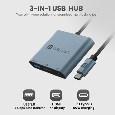 Portronics C-Konnect Plus Type-C to HDMI Adapter (3-in-1), Multiport USB-C Hub with 4K / 30Hz HDMI, USB 3.0 @ 5Gbps, 100 W PD Charging for Laptop, MacBook, PC (Grey) Portronics C-Konnect Plus Type-C to HDMI Adapter (3-in-1), Multiport USB-C Hub with 4K / 30Hz HDMI, USB 3.0 @ 5Gbps, 100 W PD Charging for Laptop, MacBook, PC (Grey)