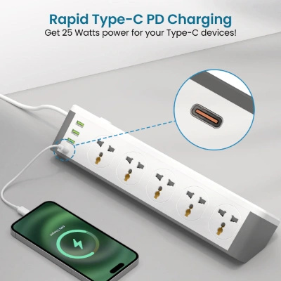 Portronics Power Plate 14 Extension Board with 10 Universal Sockets, 25W Type-C PD, 3 USB Charging Ports, 3 Meter Long Cord, 2500 Watts, 2.1 Amp USB Output, Multi Plug for Home Appliances (White) Portronics Power Plate 14 Extension Board with 10 Universal Sockets, 25W Type-C PD, 3 USB Charging Ports, 3 Meter Long Cord, 2500 Watts, 2.1 Amp USB Output, Multi Plug for Home Appliances (White)